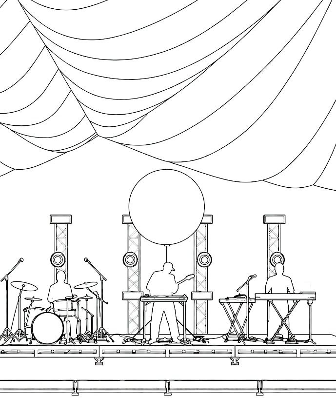 Ball schematic: the stage under a draped tent roof, the LED sphere at centre on its stand with the band around it, speaker stacks and a row of lights along the front edge