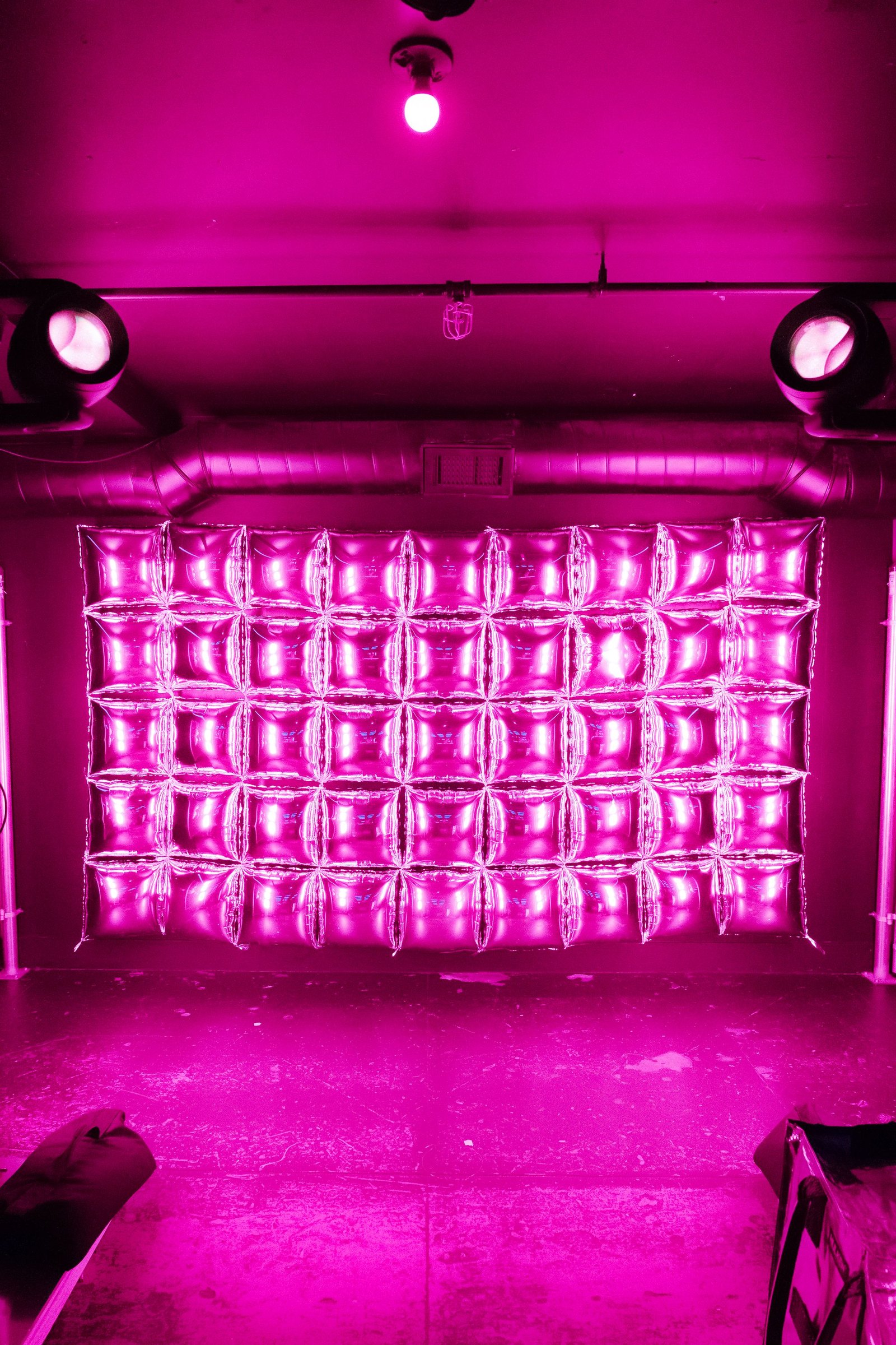 The mylar balloon wall lit magenta, a grid of curved nodes filling the back wall between two moving heads