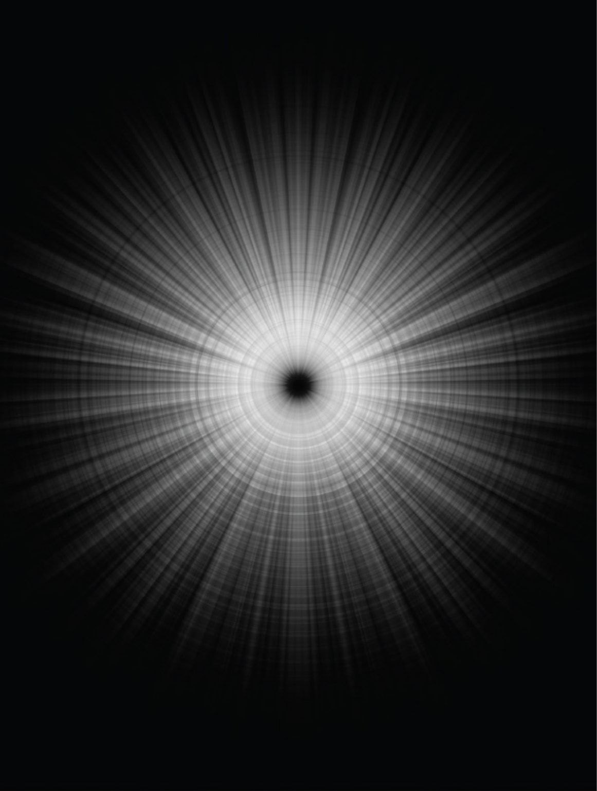 A black field with white rays radiating from a dark point at its centre