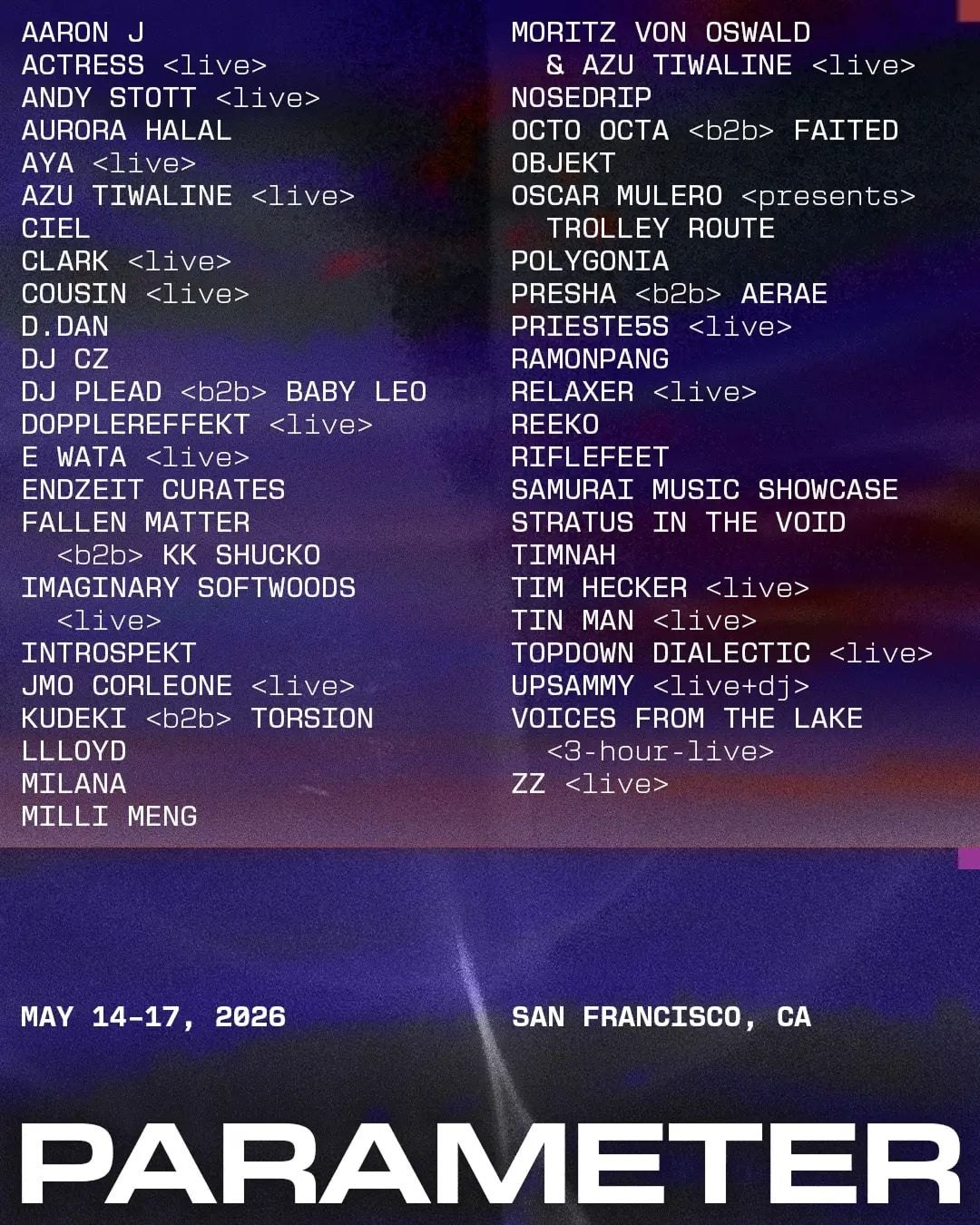 The Parameter Weekender 2026 flyer: the full lineup set in monospace type over a purple gradient, with the PARAMETER wordmark and the dates May 14–17, 2026