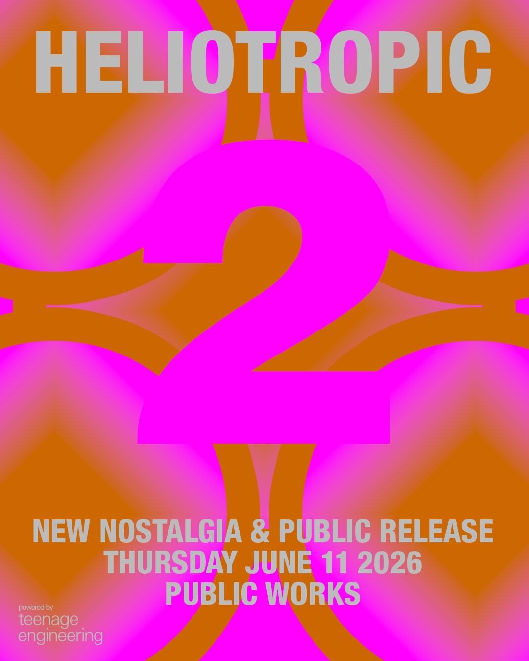 The Heliotropic 2 flyer: a magenta figure holding a numeral two on an orange ground, dated Thursday June 11 2026 at Public Works
