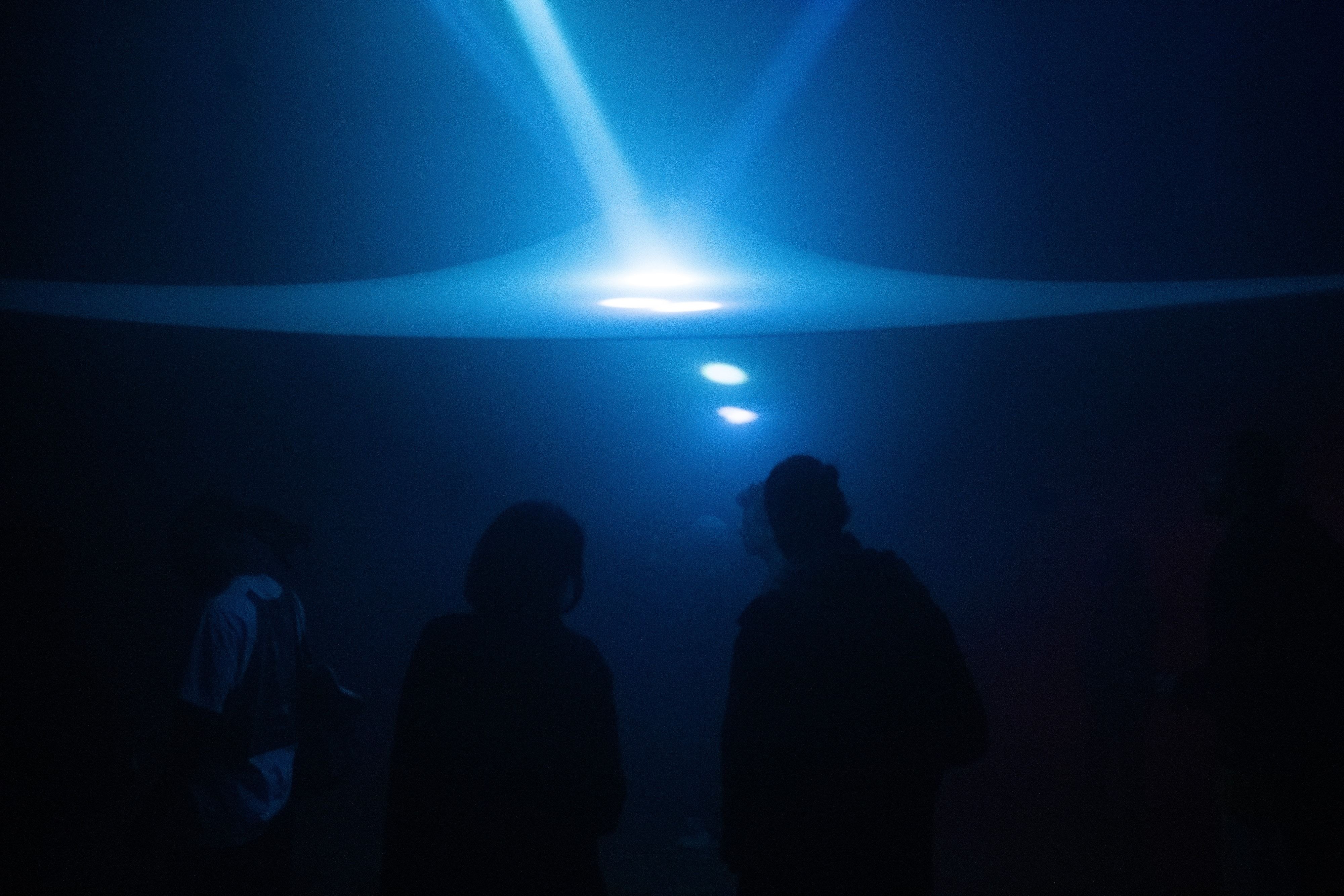 Moving head beams converging on the top of the canopy, silhouetted heads below in the blue haze