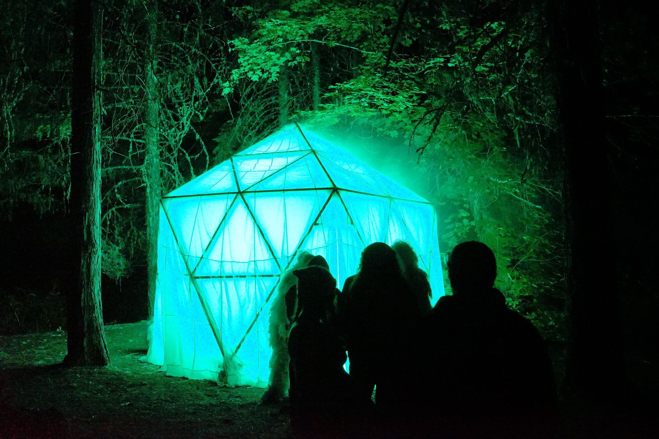 HoloDome3 glowing teal in the forest with festival-goers silhouetted in front